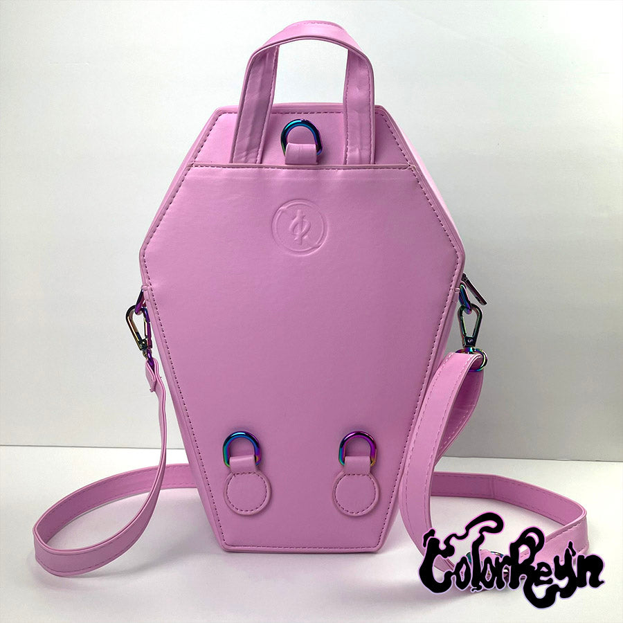 spooky pink pastel coffin anime ita bag, detailed back view