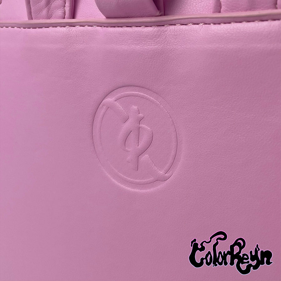 spooky pink pastel coffin anime ita bag, detail of the back with logo