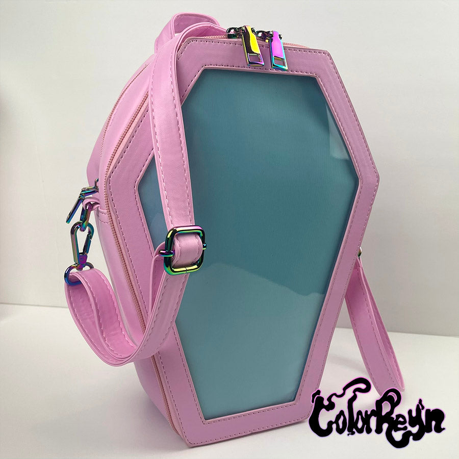 spooky pink pastel coffin anime ita bag, detailed side view