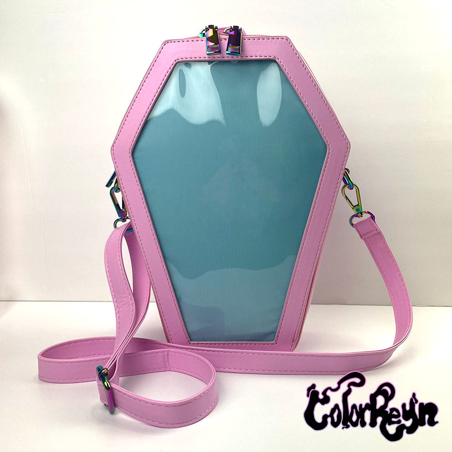 spooky pink pastel coffin anime ita bag, detailed front view