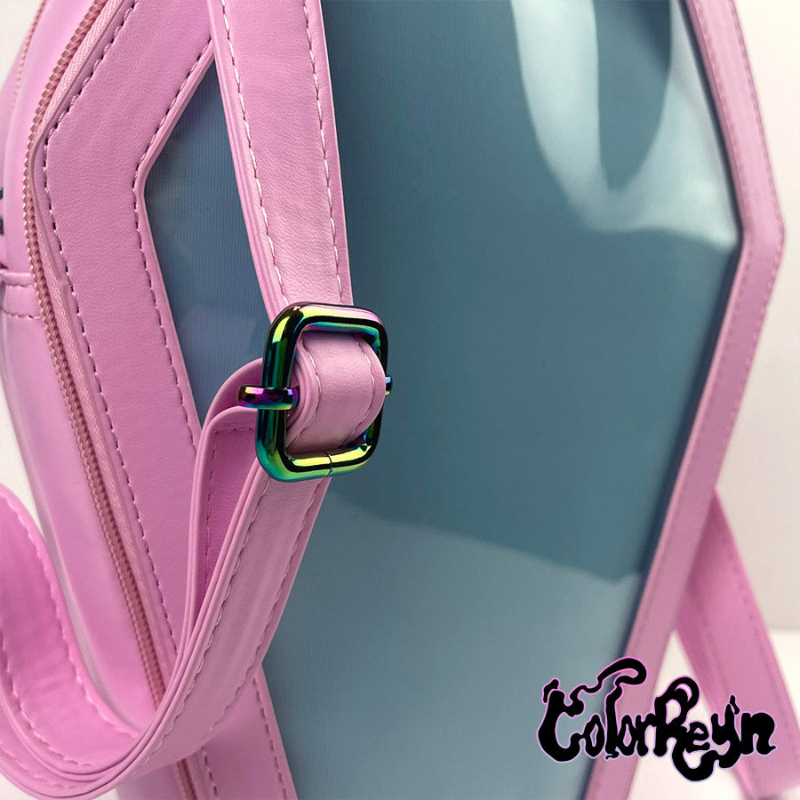 spooky pink pastel coffin anime ita bag, detailed rainbow metal hardware