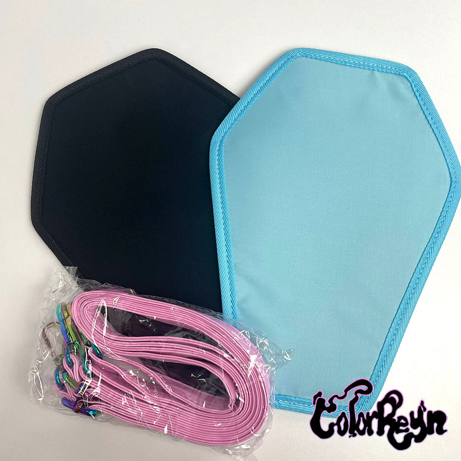 spooky pink pastel coffin anime ita bag, showing both pin inserts and straps
