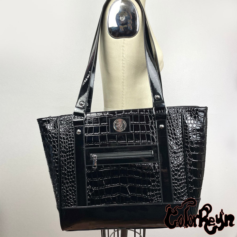 patent vegan leather croc tote bag front view