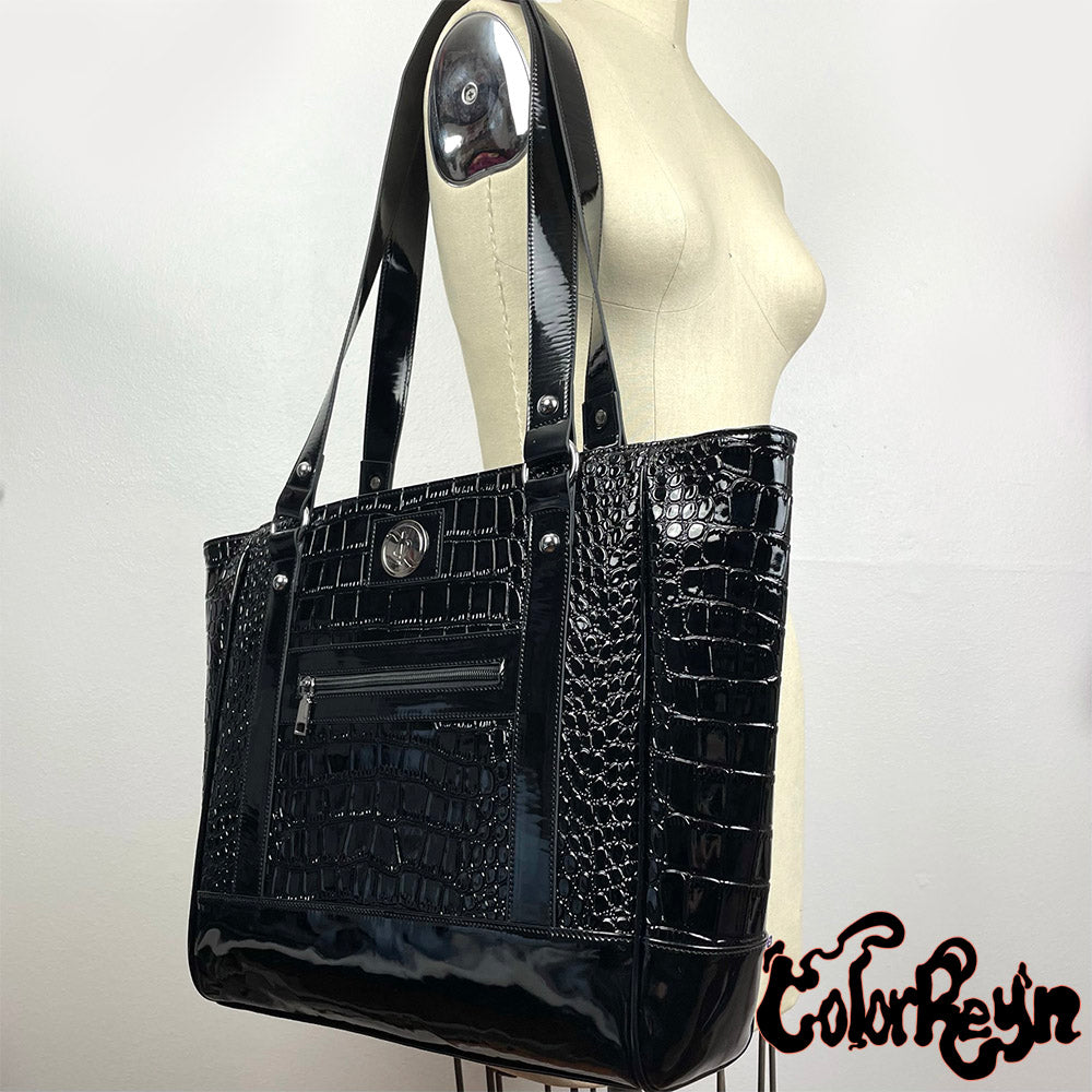 paten vegan leather tote bag side view